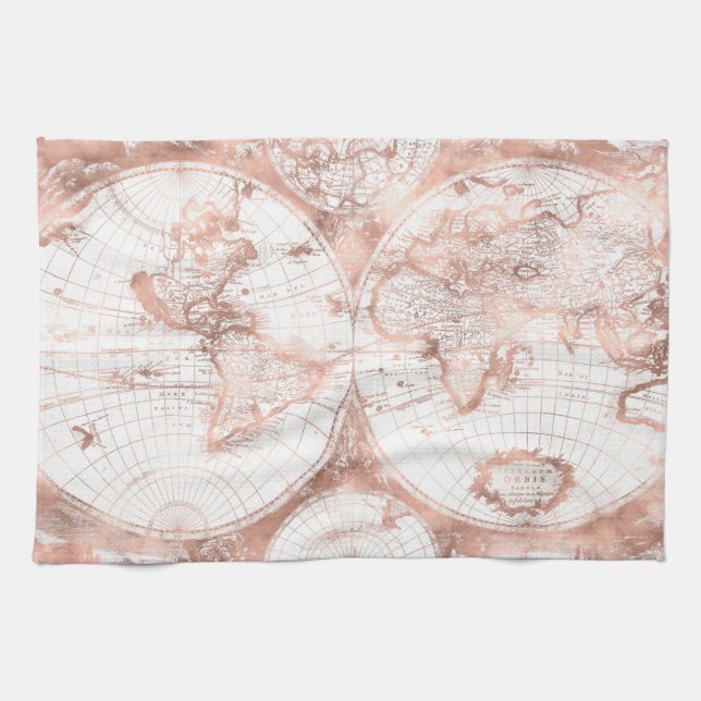Rose Gold Pink Metal Glitter Antique World Map Towel (Horizontal)