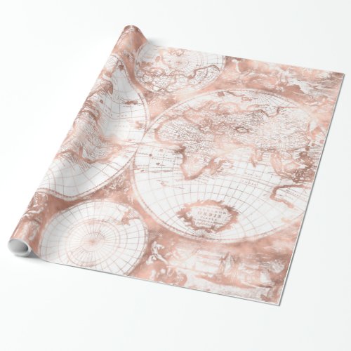 Rose Gold Pink Metal Glitter Antique World Map Wrapping Paper