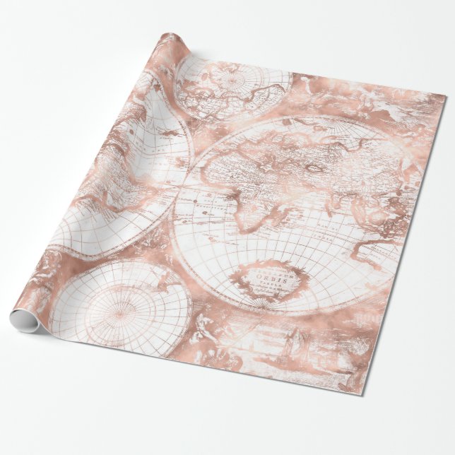 Rose Gold Pink Metal Glitter Antique World Map Wrapping Paper (Unrolled)