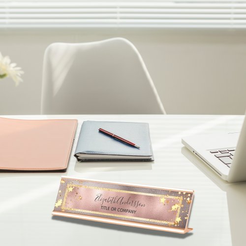 Rose gold pink metallic stars name title business desk name plate