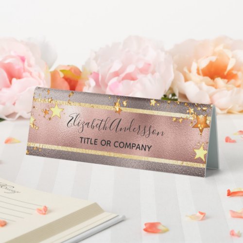 Rose gold pink metallic stars name title business table tent sign