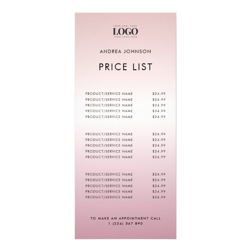 Rose Gold Pink Minimalist Logo Service Price List Rack Card