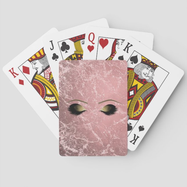 Rose Gold Pink Modern Glam Marble & Makeup Eyes Poker Cards (Back)