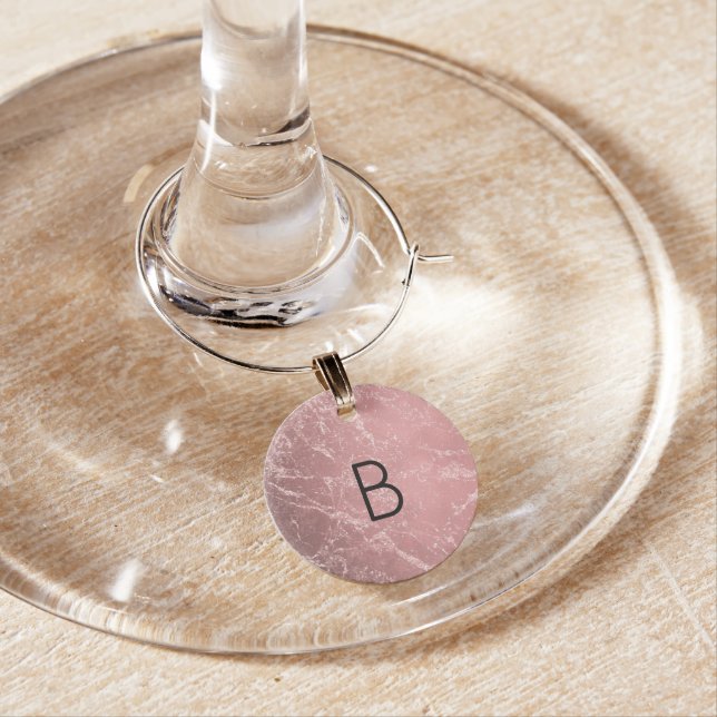 Rose Gold Pink Modern Glam Marble Monogram Initial Wine Charm (In Situ)
