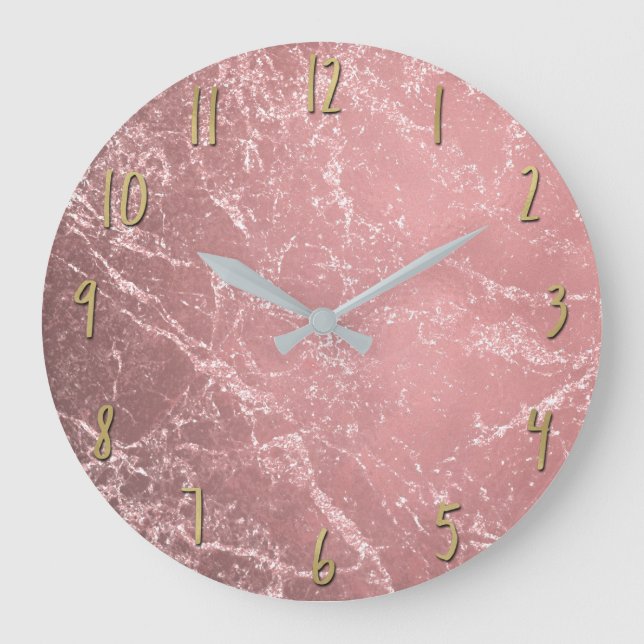 Rose Gold Pink Modern Trendy Glam Marble Chic Large Clock (Front)