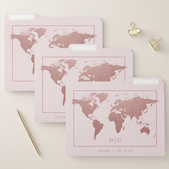 Rose Gold Pink Modern World Map File Folder (Set)