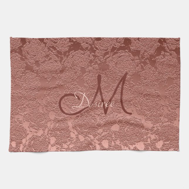 Rose Gold Pink Monogram Floral Modern Classy Kitchen Towel (Horizontal)