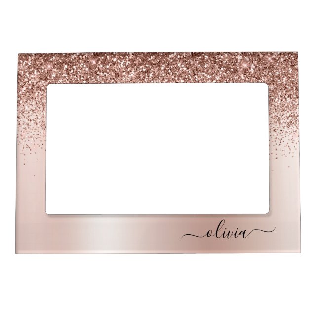 Rose Gold Pink Monogram Glitter Sparkle Girly Magnetic Frame (Front)