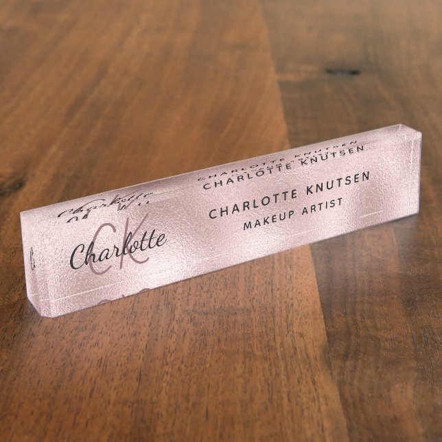 Rose gold pink monogram modern professional desk name plate (Side)