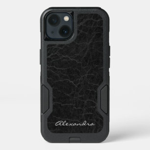 Rose Gold Pink Monogram on Faux Black Leather iPhone 13 Case