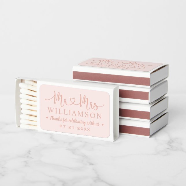 Rose Gold Pink Mr and Mrs Wedding Matchboxes (Stacked)