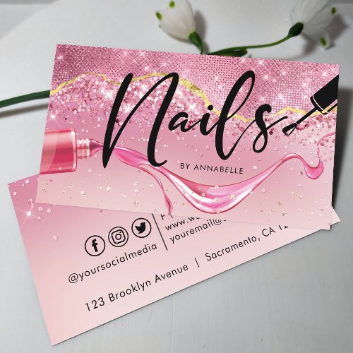 Rose Gold  Pink Nails Sparkly Monogram Business Card
