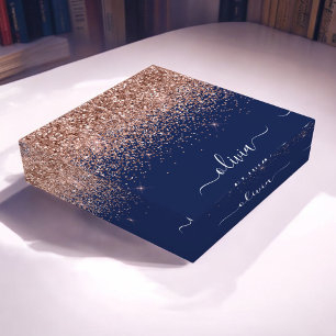 Rose Gold Pink Navy Blue Elegant Glitter Monogram Paperweight