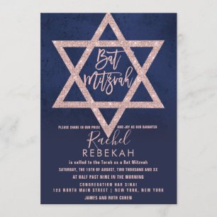 Rose Gold Pink Navy Blue Star of David Bat Mitzvah Invitation