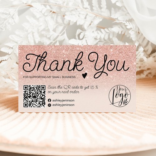 Rose gold pink order thank you Qr code photo Business Card