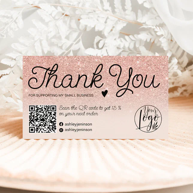 Rose gold pink order thank you Qr code photo Business Card | Zazzle