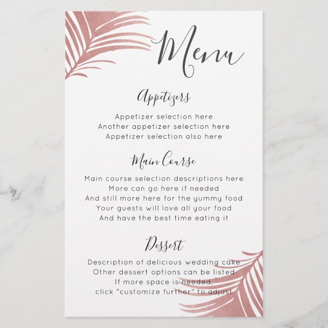 Rose Gold Pink Palm Leaves Tropical Menu (Front)