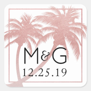 Rose Gold Pink Palm Tree Wedding Favor Square Sticker