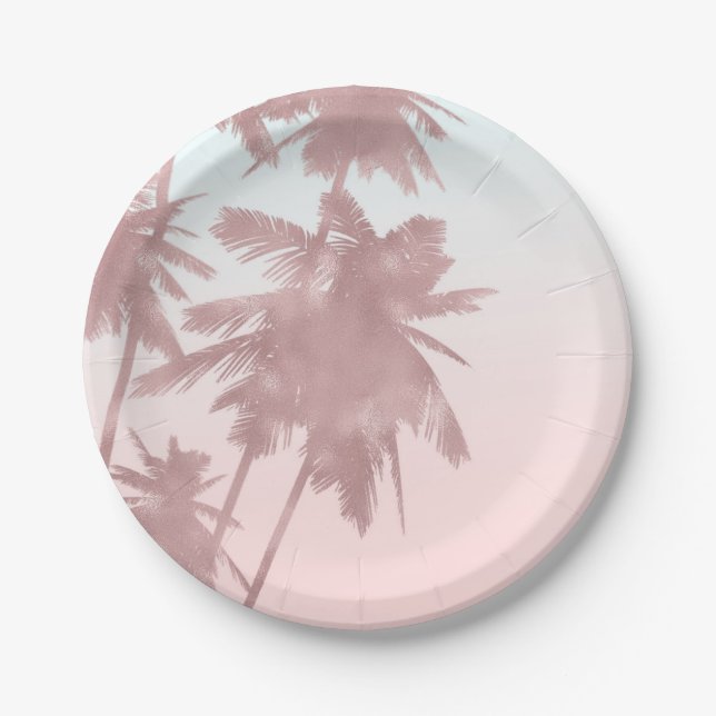 Rose Gold Pink Palms Beach Ombre Palm Trees Paper Plates (Front)