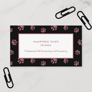 Rose Gold Pink Paw Prints Black Pet Salon Business Card