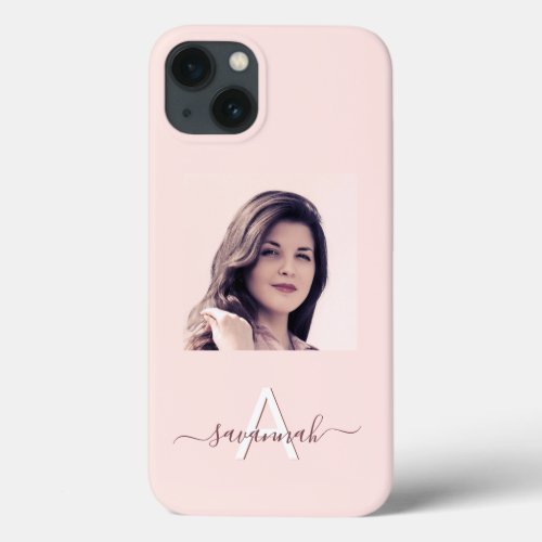 Rose gold pink photo monogrammed iPhone 13 case