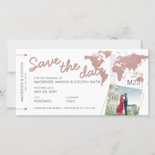 Rose Gold Pink Plane Ticket Destination Save Date