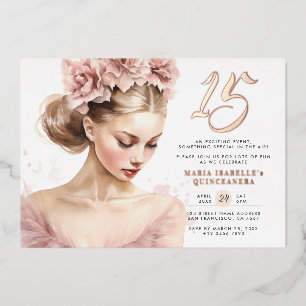 Rose Gold Pink Princess Quinceañera Birthday Party Foil Invitation
