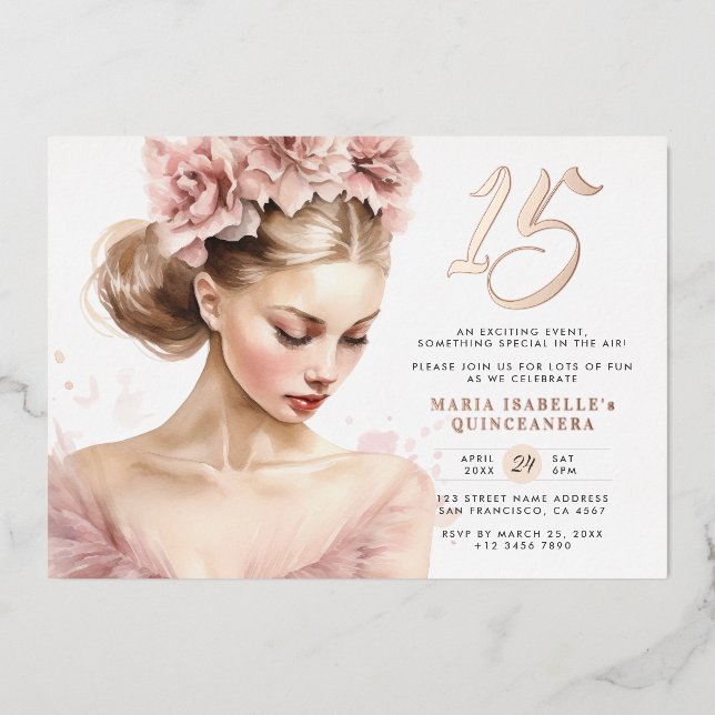 Rose Gold Pink Princess Quinceañera Birthday Party Foil Invitation (Front)