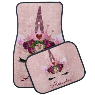 Rose Gold Pink Princess Unicorn with Monogram Car Floor Mat