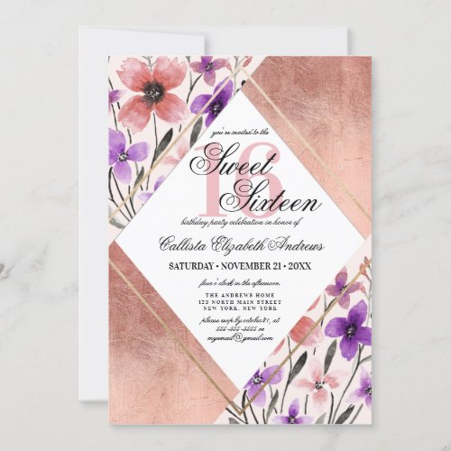 Rose Gold Pink Purple Flower Watercolor Sweet 16 Invitation