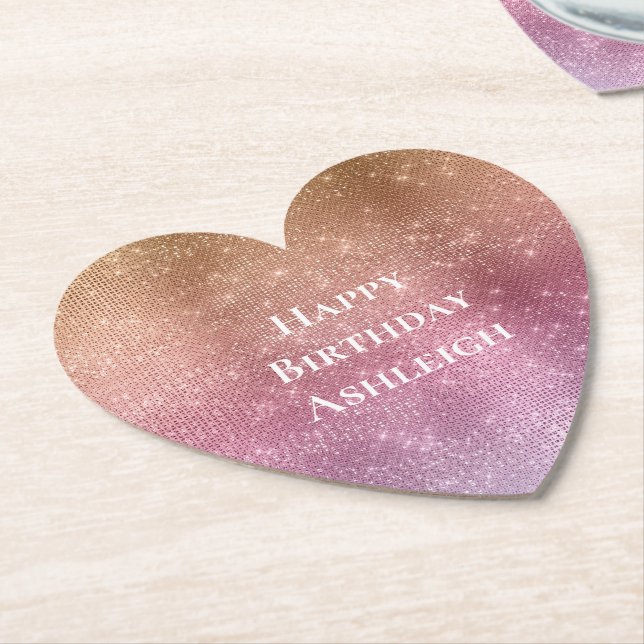 Rose Gold Pink Purple Sparkle Birthday Paper Coaster (Angled)