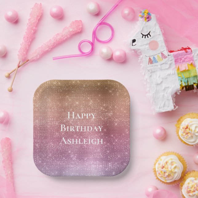 Rose Gold Pink Purple Sparkle Birthday Paper Plates (Party)