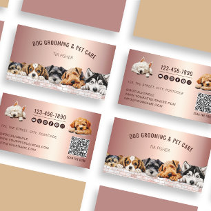 Rose Gold Pink QR Code Social Media Dog Grooming Business Card