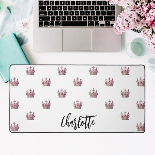 Rose gold pink queen crown white name desk mat