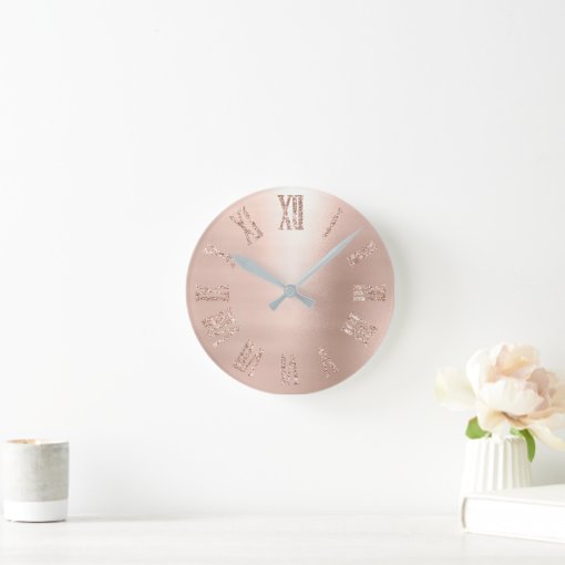 Rose Gold Pink Rose Glitter Minimal Blush Round Clock | Zazzle