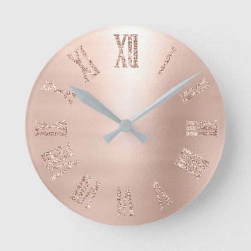 Rose Gold Pink Rose Glitter Minimal Blush Round Clock