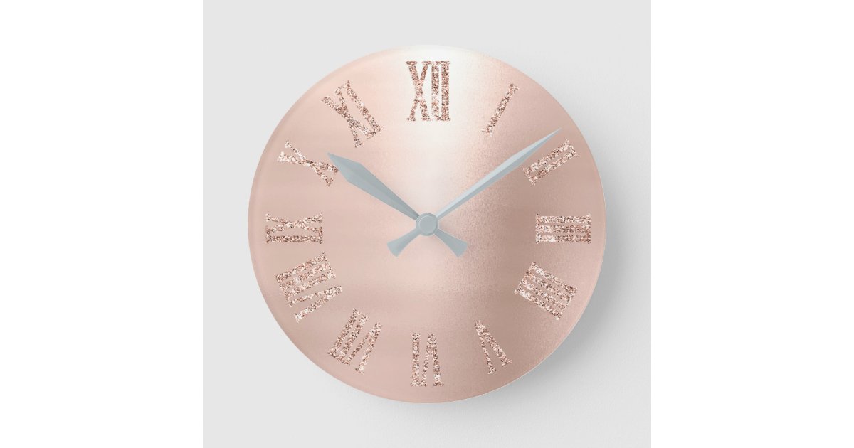 Rose Gold Pink Rose Glitter Minimal Blush Round Clock | Zazzle