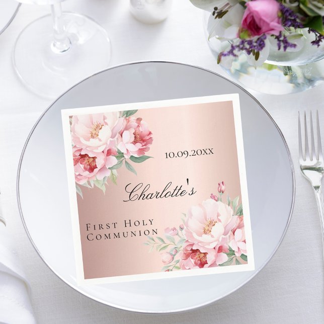Rose gold pink roses florals First Communion Napkins (Creator Uploaded)
