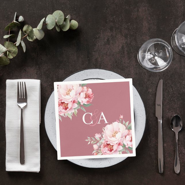 Rose gold pink roses florals monogram wedding napkins (Creator Uploaded)