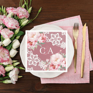 Rose gold pink roses florals monogram wedding napkins