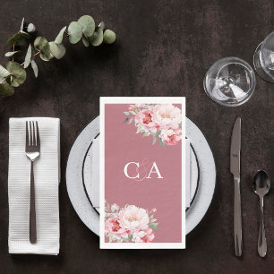 Rose gold pink roses florals monogram wedding paper guest towels