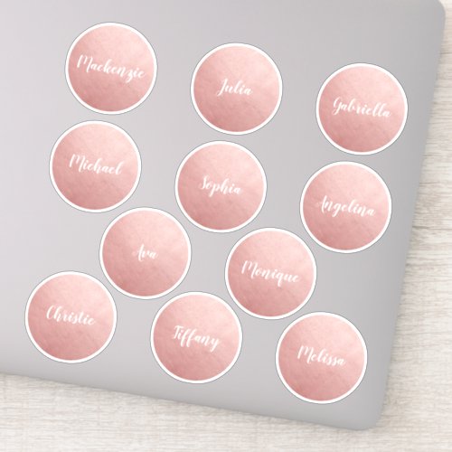 Rose Gold Pink Round Circle Individual Names Favor Sticker