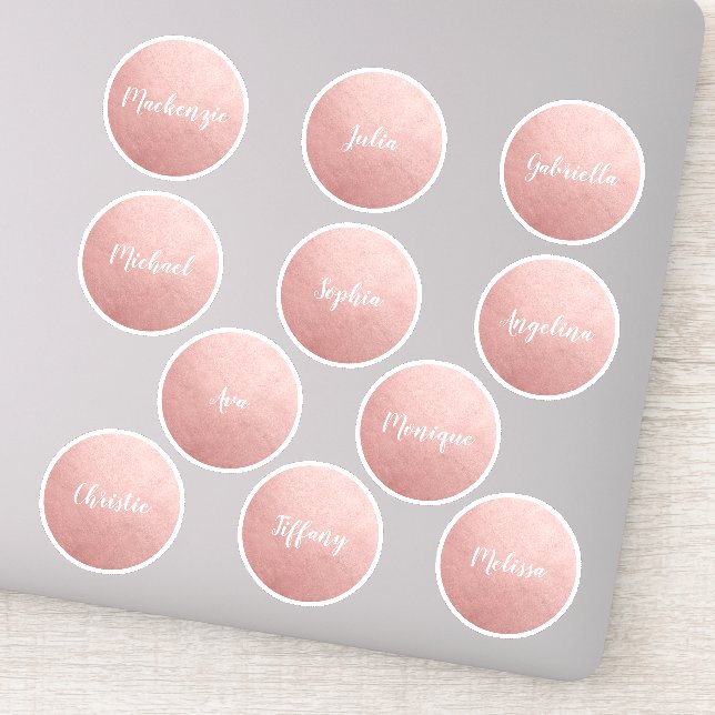 Rose Gold Pink Round Circle Individual Names Favor Sticker (Detail)