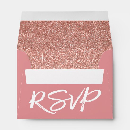 Rose Gold Pink RSVP with Sparkle and Glitter Envelope
