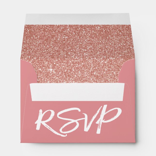 Rose Gold Pink RSVP with Sparkle and Glitter Envelope (Back (Bottom))