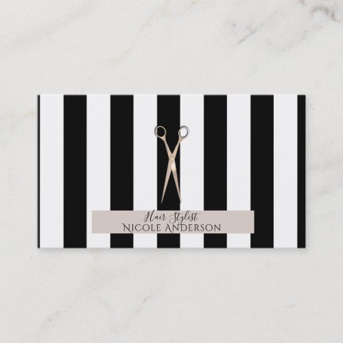 Rose Gold Pink Scissors Black Stripes Hair Stylist Business Card