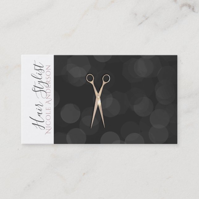 Rose Gold Pink Scissors Black White Hair Stylist Business Card (Front)