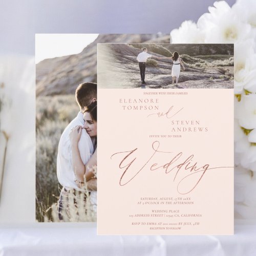 Rose gold pink script elegant 2 photos wedding invitation