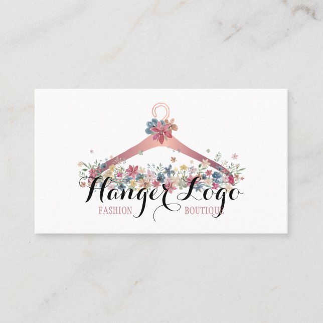 Rose Gold Pink Seamstress Tailor Floral Hanger Business Card (Front)