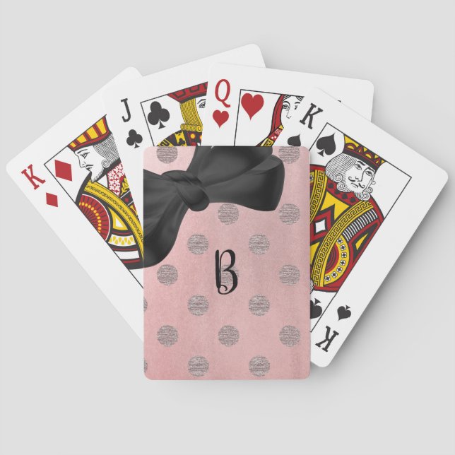 Rose Gold Pink Shine Glam Polka Dots & Bow Modern Poker Cards (Back)